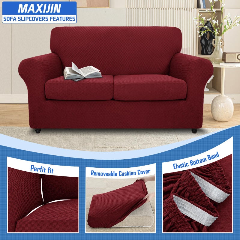 MAXIJIN 3 Piece Jacquard Couch Covers for 2 Cushion Couch Stretch Non Slip Love Seat Couch Cover for Dogs Pet Friendly Elastic Furniture Protector Loveseat Slipcovers (Loveseat, Wine Red) - Image 3